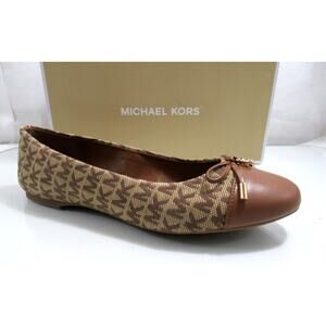 Michael Kors Melody Toe Cap Bow Ballet Flat Shoes MK Logo Beige / Ebony Size 8